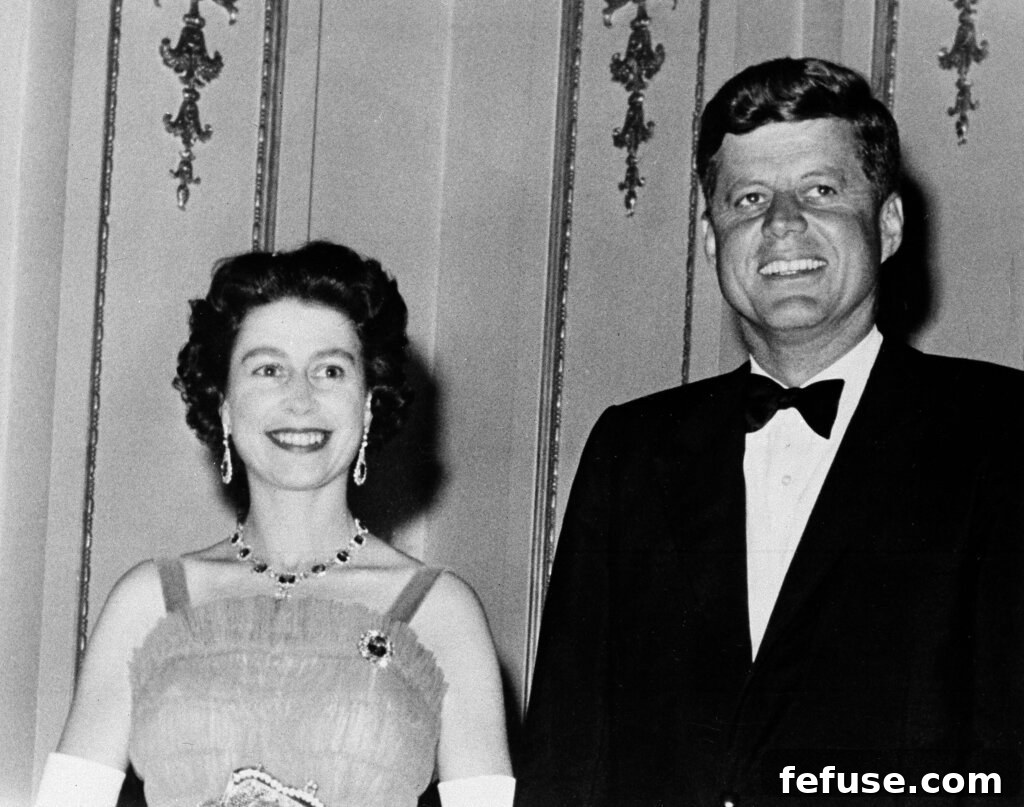 The Enduring Radiance of King George VI's Royal Sapphires 9 Queen Elizabeth II and President John F. Kennedy pose at Buckingham Palace in London, June 5, 1961 (Wikimedia Commons)