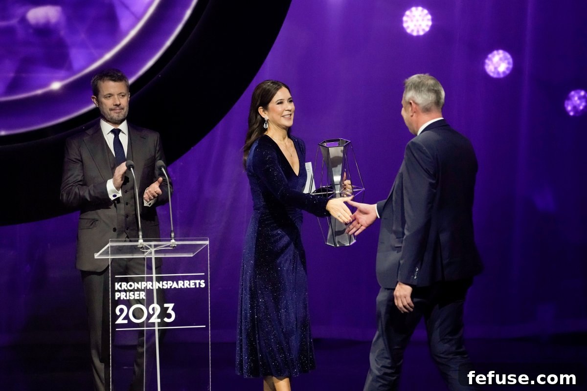 Crown Prince Frederik and Crown Princess Mary of Denmark gracefully present the Kronprinsparrets Priser awards in the elegant Concert Hall in the Musikhuset in Esbjerg on November 4, 2023. (Ritzau Scanpix/Alamy)