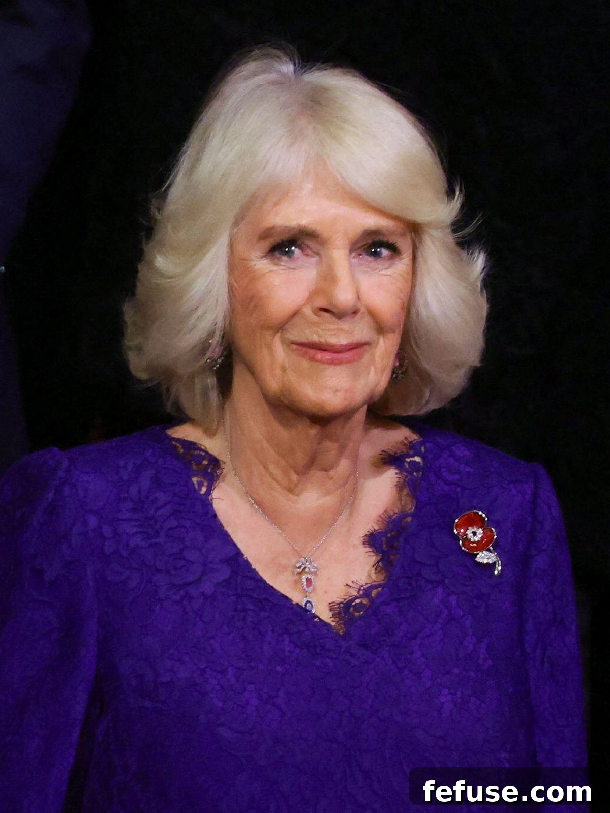 Regal Pink Topaz and Sapphire Pendant for Queen Camilla 6 Queen Camilla's elegant profile, showcasing her antique diamond and pink topaz earrings, a cherished part of her personal jewelry collection.