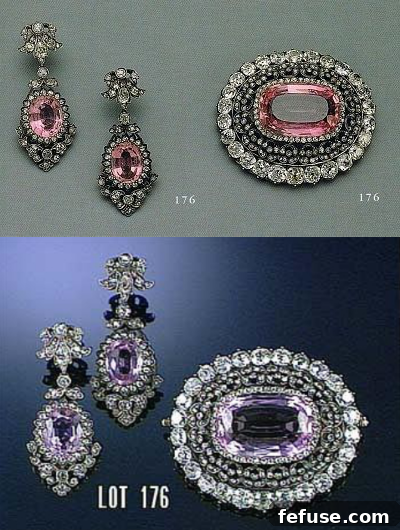Regal Pink Topaz and Sapphire Pendant for Queen Camilla 7 Sotheby's auction image of the pink topaz and diamond earrings and brooch lot, detailing the historical craftsmanship of the 1830s.