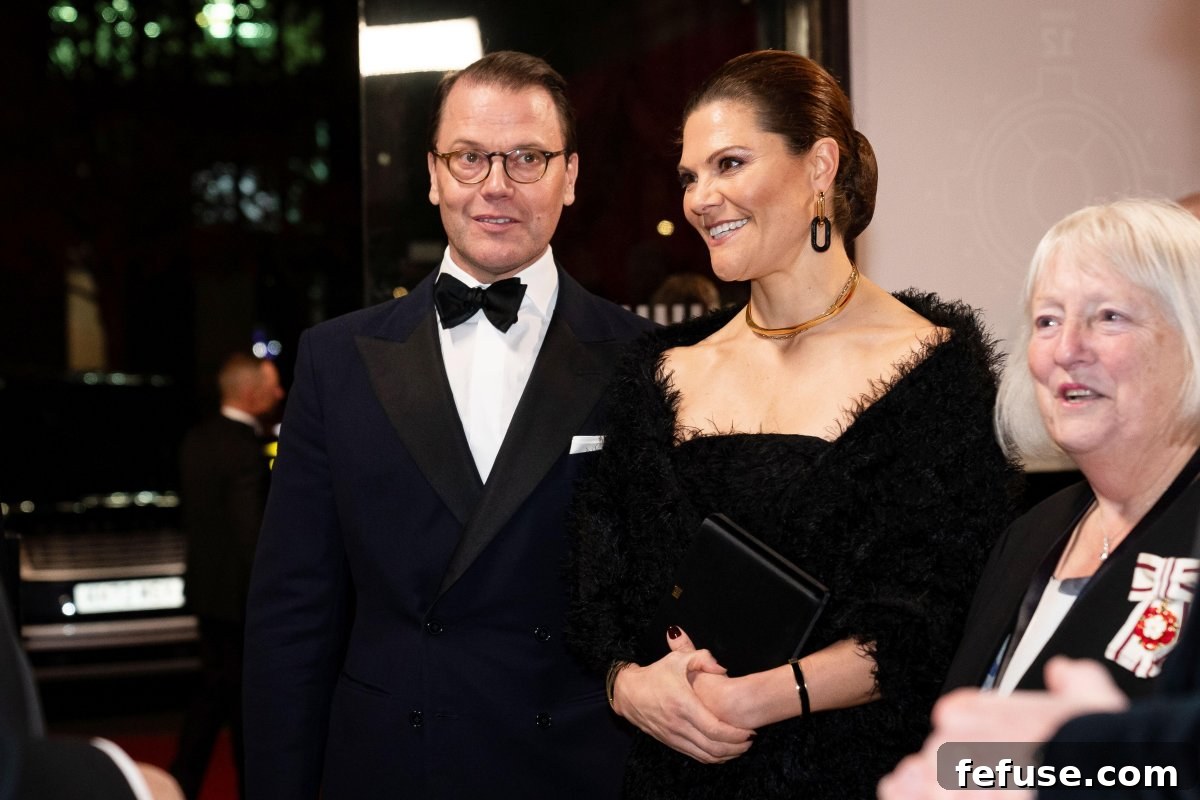 Crown Princess Victoria and Prince Daniel of Sweden make a stylish entrance at the Royal Variety Performance in London on November 30, 2023.