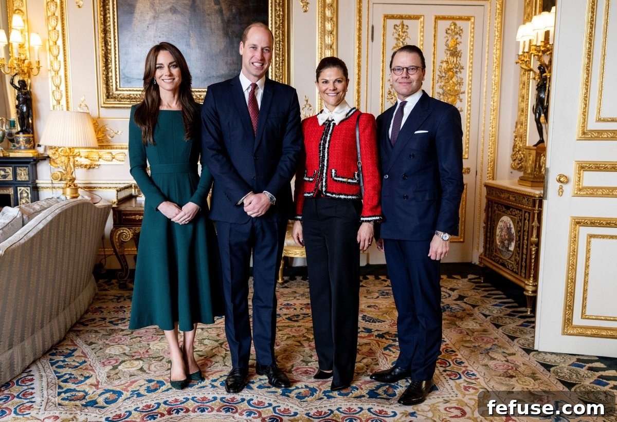 The Prince and Princess of Wales welcome Crown Princess Victoria and Prince Daniel of Sweden to Windsor Castle on November 30, 2023, fostering Anglo-Swedish royal ties.