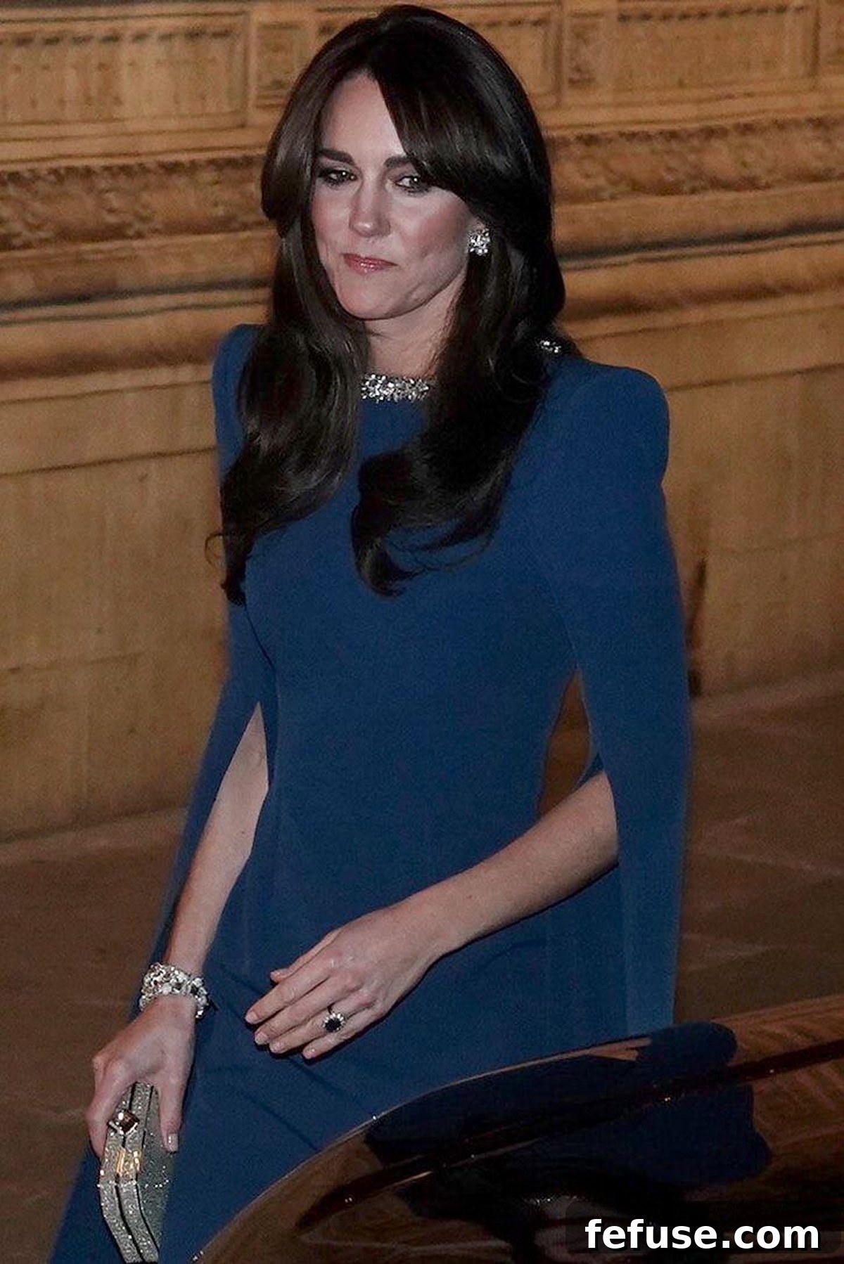 The Princess of Wales attends the Royal Variety Performance, with a close-up revealing her pearl and crystal earrings.