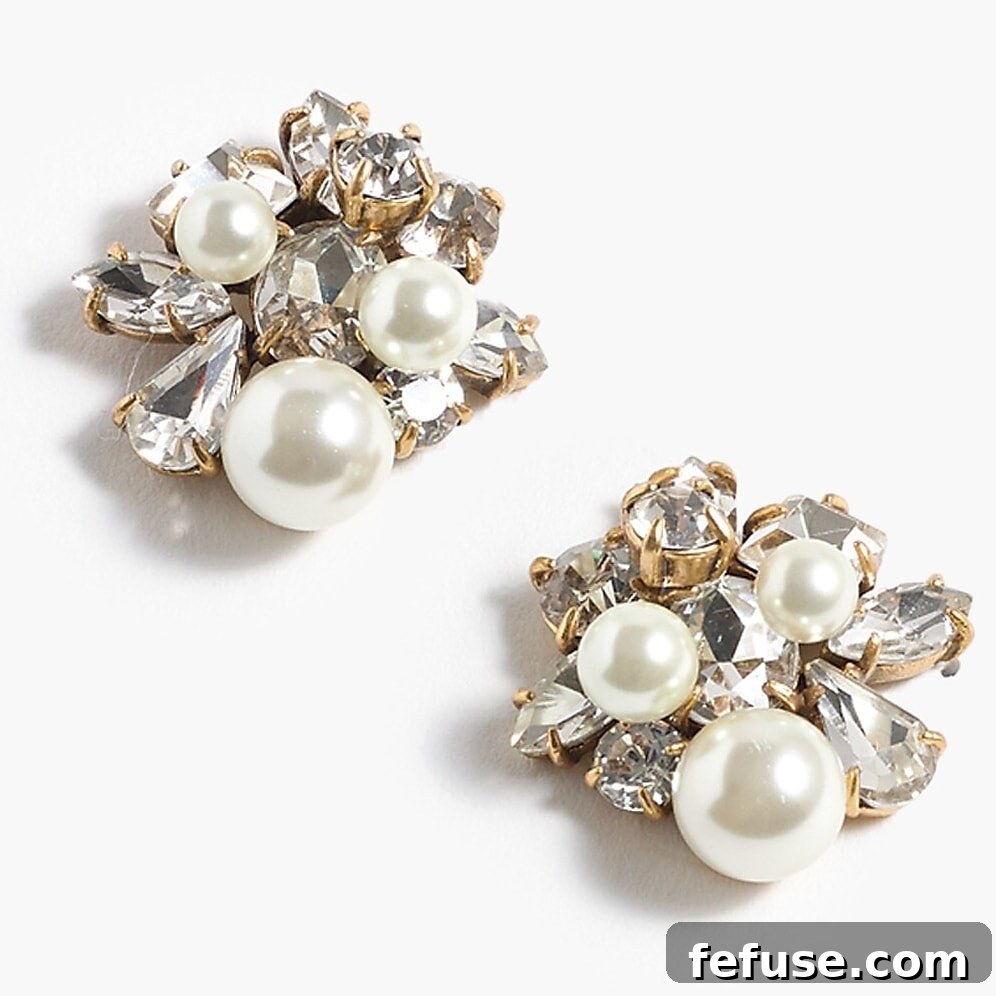 A detailed view of the J.Crew pearl and crystal earrings, identical to those worn by the Princess of Wales.