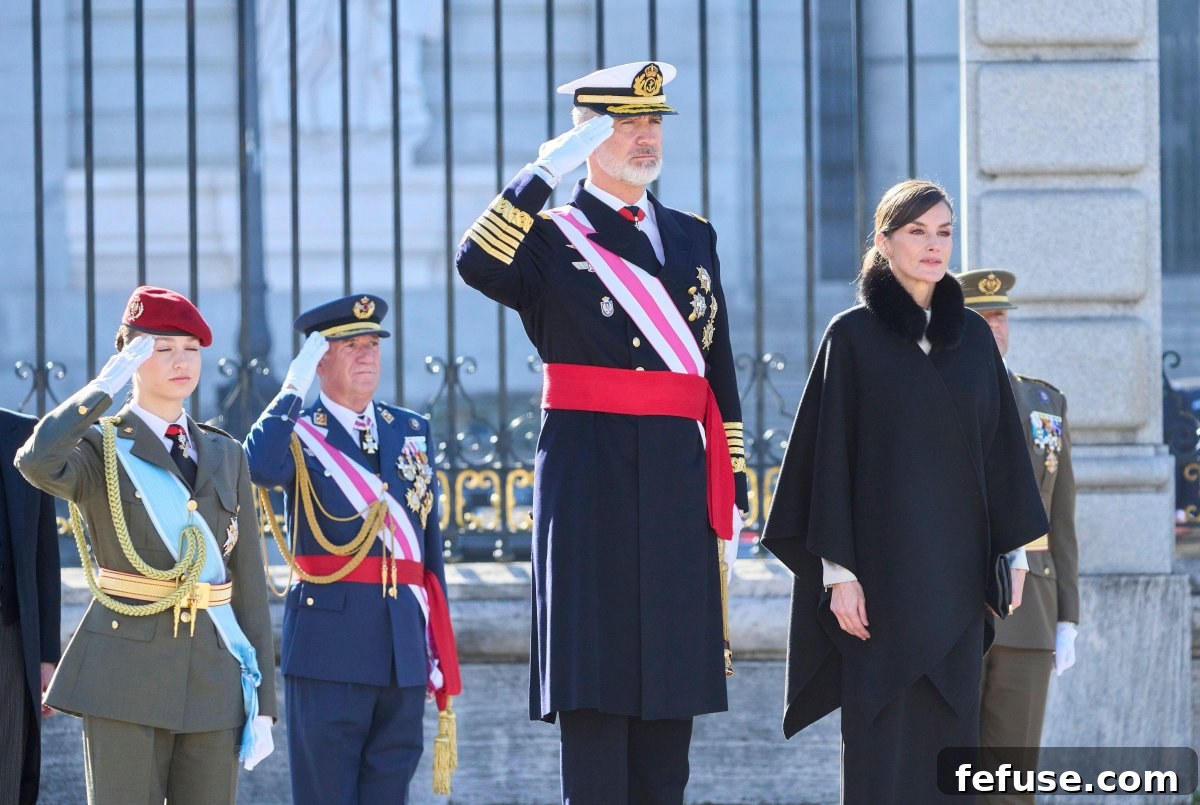 The King and Queen of Spain, with the Princess of Asturias, attend the Pascua Militar parade at the Royal Palace in Madrid on January 6, 2024