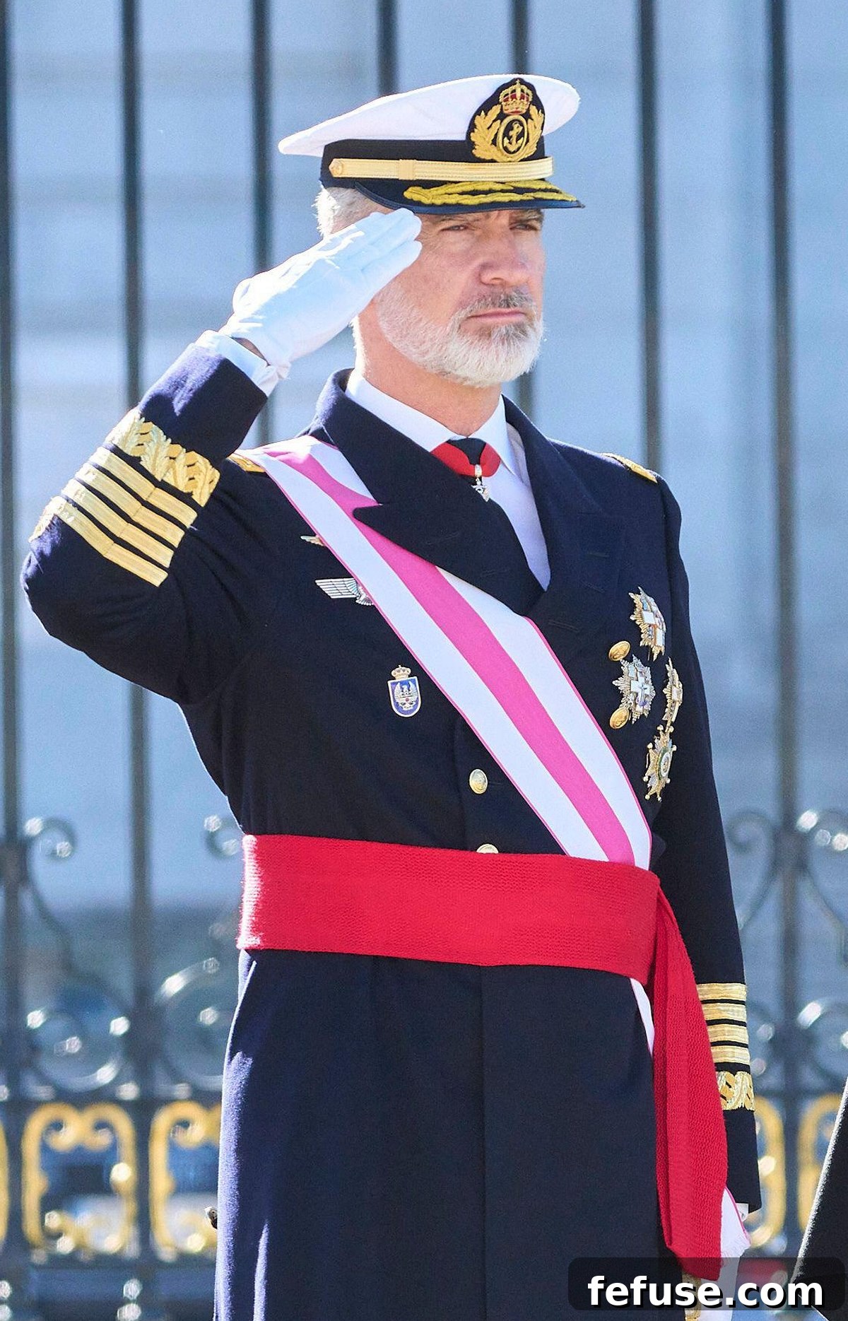 The King of Spain saluting during the Pascua Militar parade in Madrid on January 6, 2024