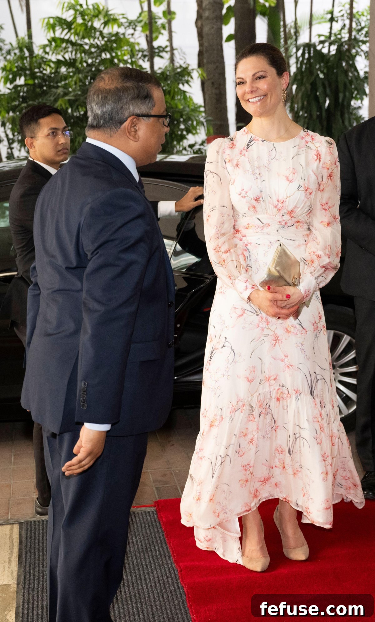 The Crown Princess of Sweden arrives for an official welcome dinner at the Pan Pacific Sonargoan Hotel in Dhaka, Bangladesh on March 18, 2024 (Henrik Montgomery/TT News Agency/Alamy)
