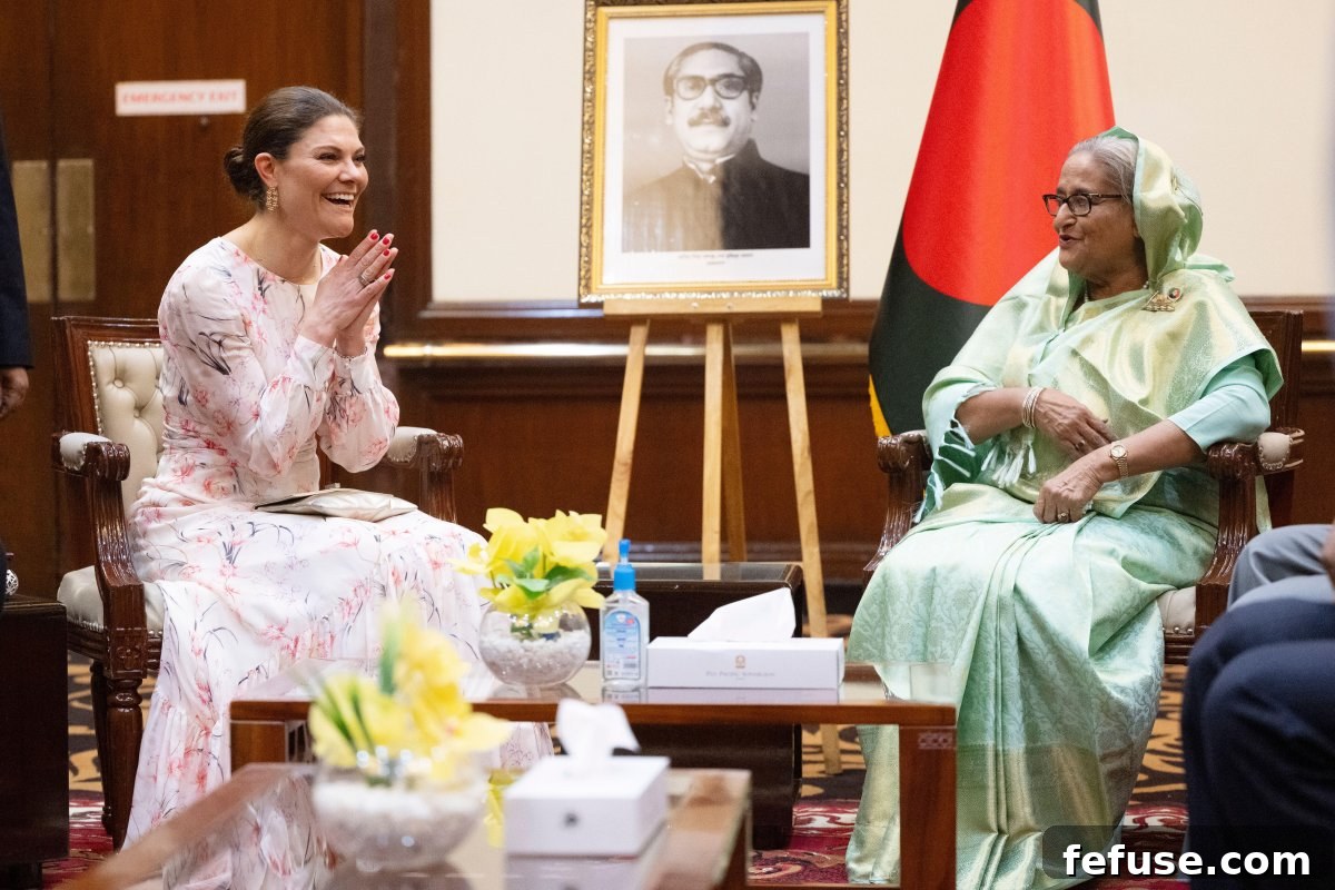 The Crown Princess of Sweden attends an official welcome dinner hosted by Prime Minister Sheikh Hasina at the Pan Pacific Sonargoan Hotel in Dhaka, Bangladesh on March 18, 2024 (Henrik Montgomery/TT News Agency/Alamy)