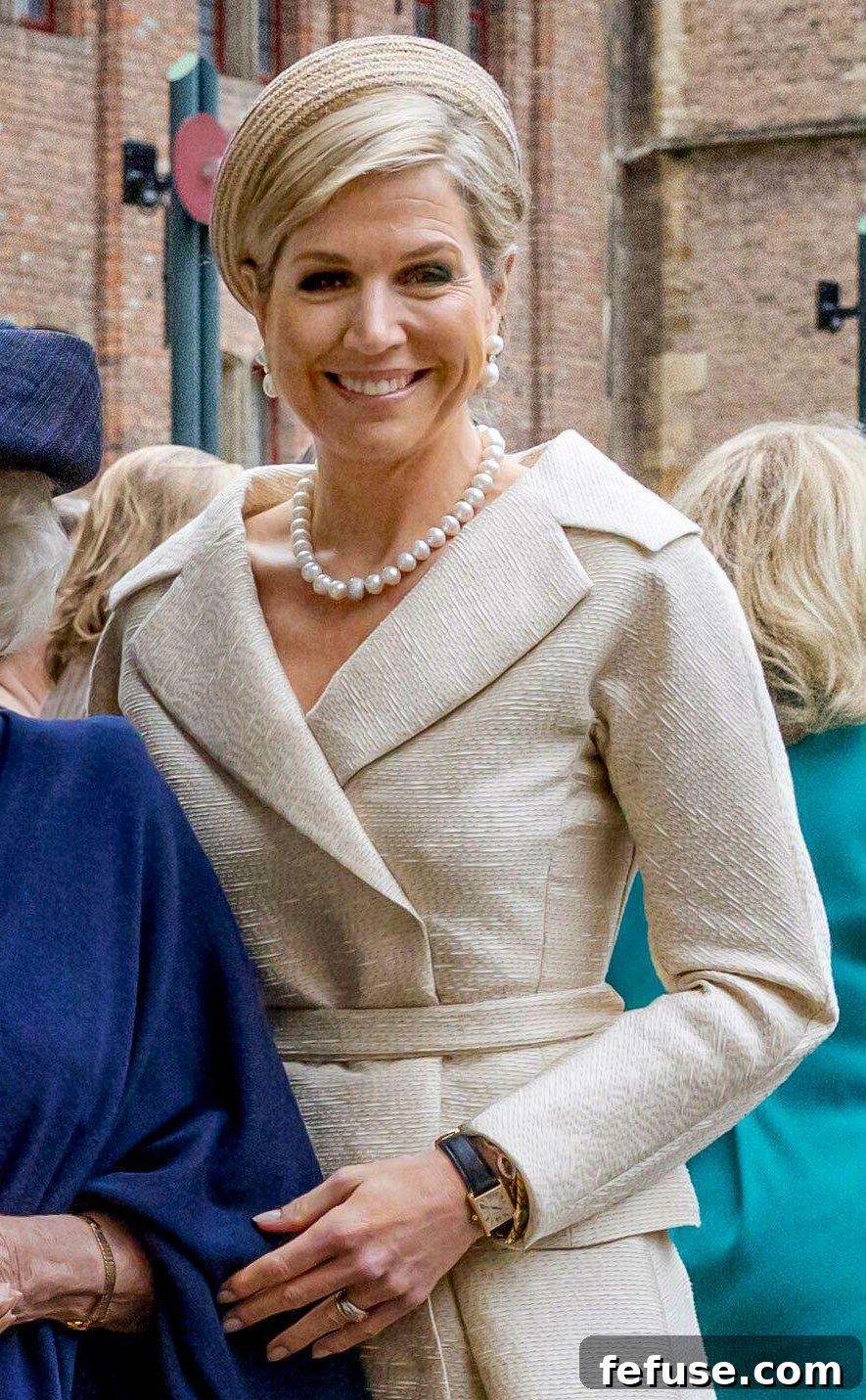 Close-up of Queen Maxima's pearl earrings at the Four Freedoms Awards Ceremony