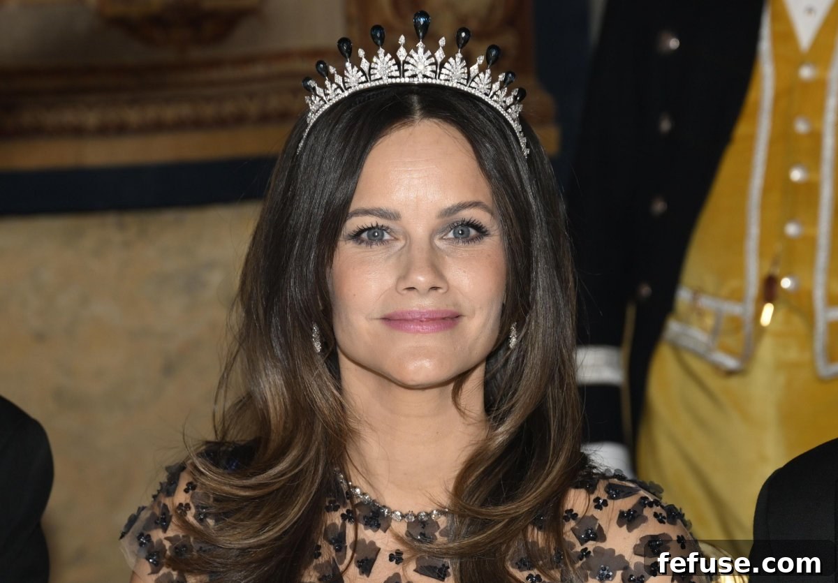 Princess Sofia of Sweden dazzling in her diamond palmette tiara with new London blue topaz toppers at a state banquet at the Royal Palace in Stockholm on April 23, 2024.
