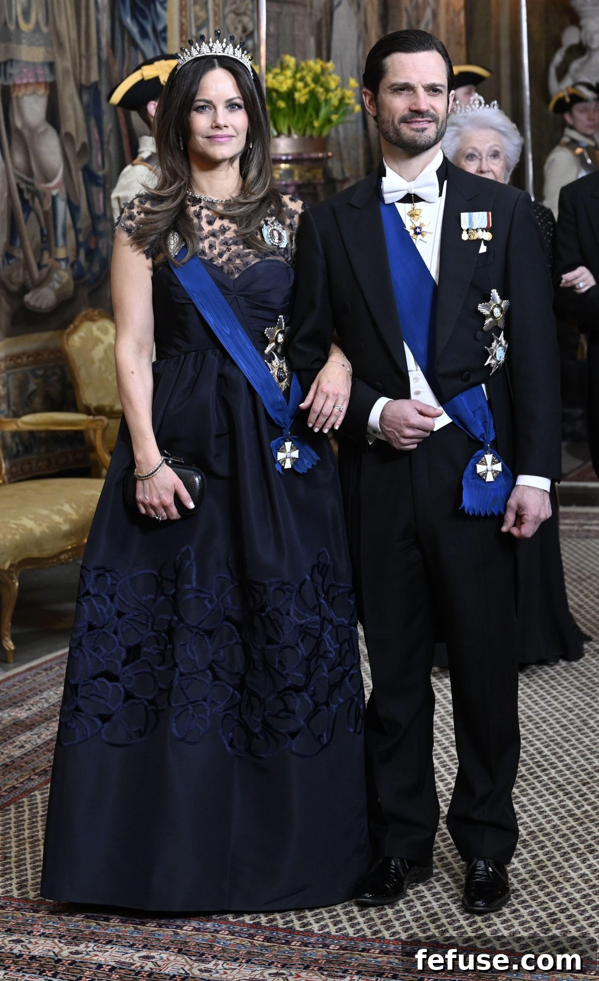 Prince Carl Philip and Princess Sofia of Sweden arrive at the state banquet at the Royal Palace in Stockholm, hosted in honor of the Finnish President, on April 23, 2024.