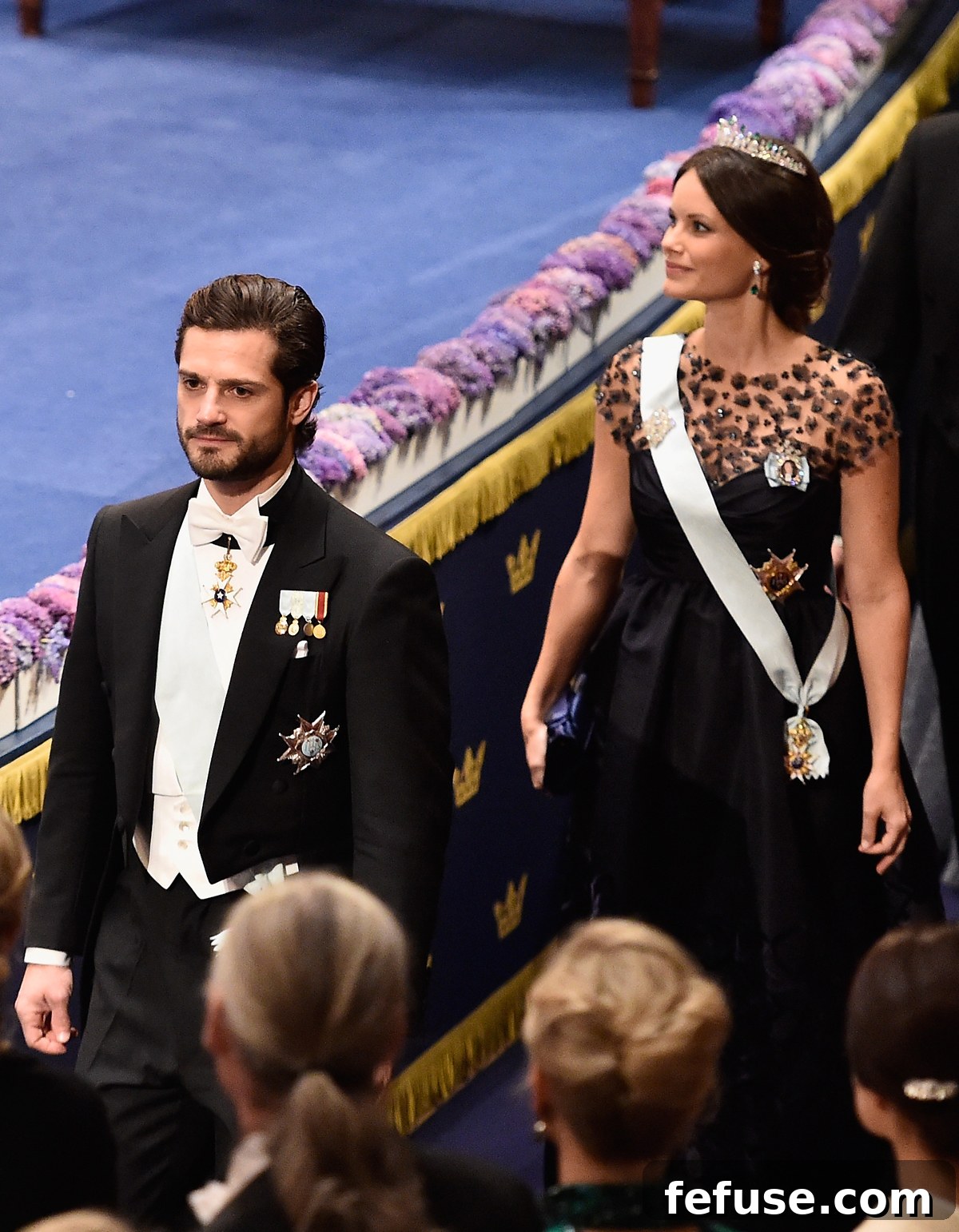 Princess Sofia wearing her diamond palmette tiara with emeralds and an Oscar de la Renta gown at the Nobel Prize banquet in Stockholm on December 10, 2015.