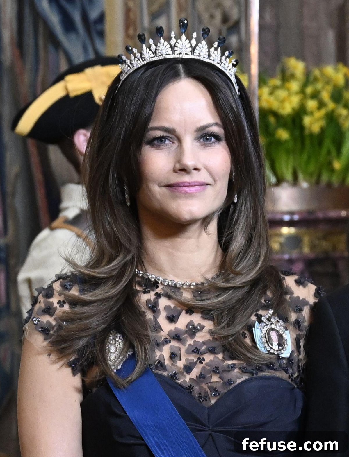 Close-up of Princess Sofia's new London blue topaz toppers on her Diamond Palmette Tiara, confirmed by royal jewelry experts.
