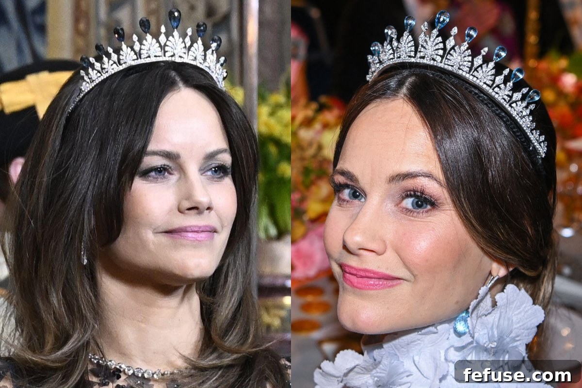 Comparison image showing Princess Sofia's new dark London blue topaz setting (left) from April 23, 2024, versus her older, lighter blue topaz setting (right) from December 10, 2022, highlighting the distinct differences in shade.