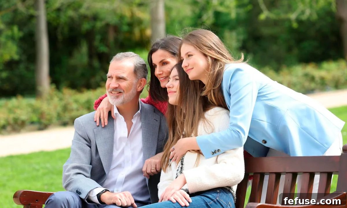 The King and Queen of Spain, with the Princess of Asturias and Infanta Sofia, pose for a family photo in the gardens of the Royal Palace in Madrid, 2024 (Casa Real)