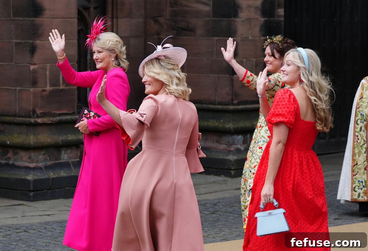 Natalia, Duchess of Westminster with her daughters, Lady Tamara van Cutsem, Lady Edwina Snow, and Lady Viola Roberts, arrives at Chester Cathedral for the wedding of her son, the Duke of Westminster, and Olivia Henson on June 7, 2024 (Peter Byrne/PA Images/Alamy)
