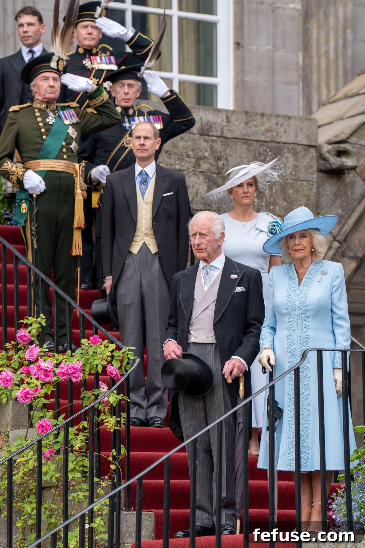 King Charles III and Queen Camilla, with the Duke and Duchess of Edinburgh, are pictured during the Sovereign's Garden Party held at the Palace of Holyroodhouse in Edinburgh on July 2, 2024 (Jane Barlow/PA Images/Alamy)