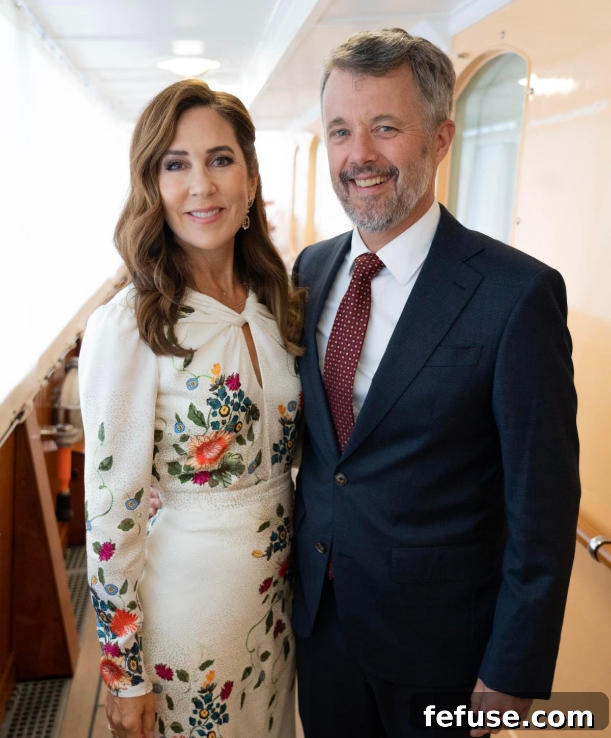King Frederik X and Queen Mary of Denmark hosting an evening reception aboard the Royal Yacht Dannebrog in Velje, Queen Mary wearing the Danish Ruby Parure earrings.