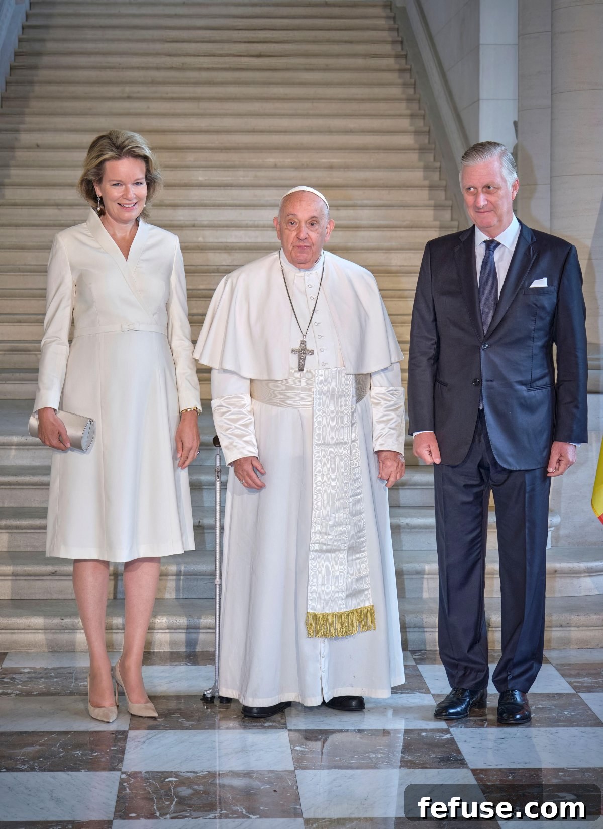 Pope Francis visits with the King and Queen of the Belgians at the Palace of Laeken on September 27, 2024 (Olivier Polet/Abaca Press/Alamy)