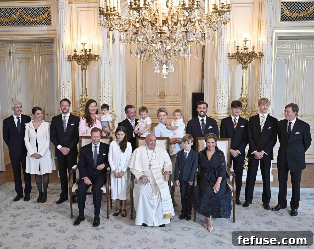 Pope Francis visits the Grand Duke and Grand Duchess of Luxembourg with their children and grandchildren at the Grand Ducal Palace in Luxembourg on September 26, 2024 (David Niviere/Abaca Press/Alamy)