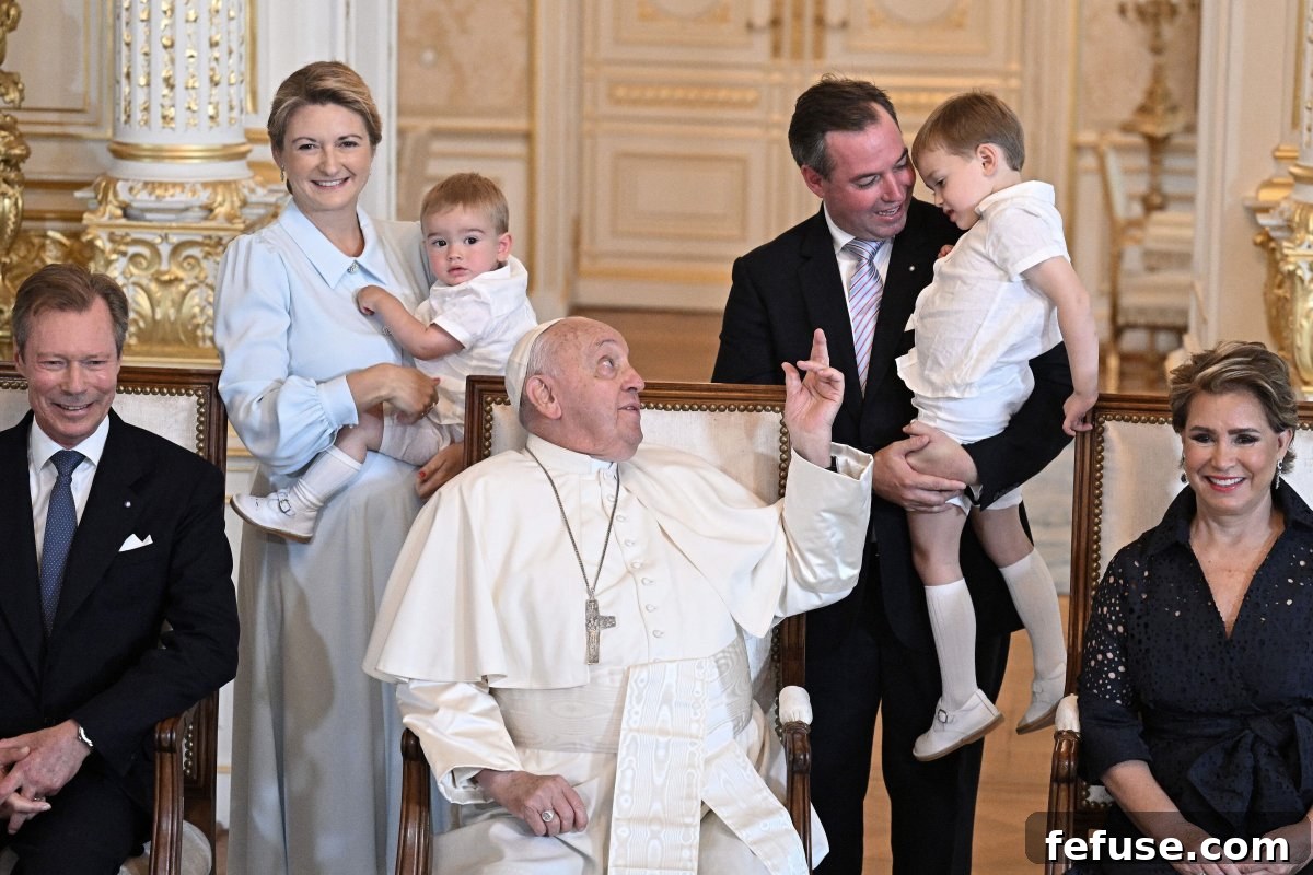 Pope Francis visits the Grand Duke and Grand Duchess of Luxembourg with their children and grandchildren at the Grand Ducal Palace in Luxembourg on September 26, 2024 (David Niviere/Abaca Press/Alamy)