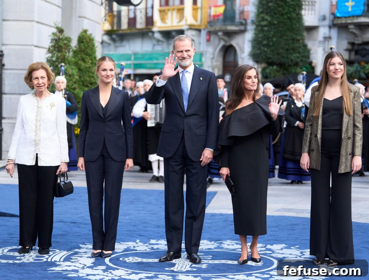 The King and Queen of Spain, with the Princess of Asturias, Infanta Sofia, and Queen Sofia, attend the Princess of Asturias Awards ceremony in Oviedo on October 25, 2024 (Jack Abuin/Zuma Press/Alamy)