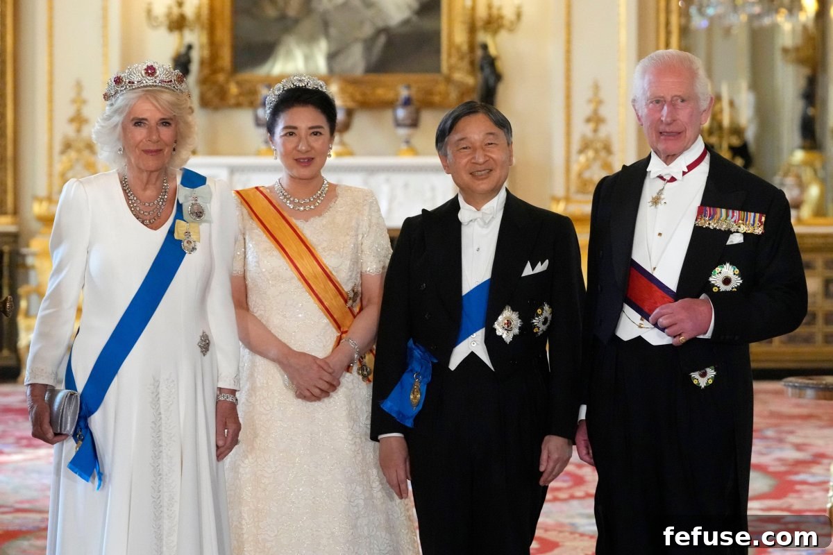 The King and Queen of the United Kingdom pose with the Emperor and Empress of Japan ahead of a state banquet at Buckingham Palace in London on June 25, 2024 (Kirsty Wigglesworth/PA Images/Alamy)