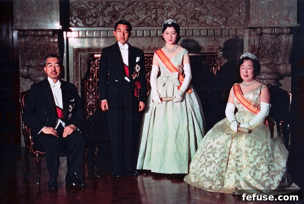 Crown Prince Akihito and Crown Princess Michiko of Japan, with Emperor Hirohito and Empress Nagako, pose for a formal portrait on their wedding day, April 10, 1959 (Wikimedia Commons)