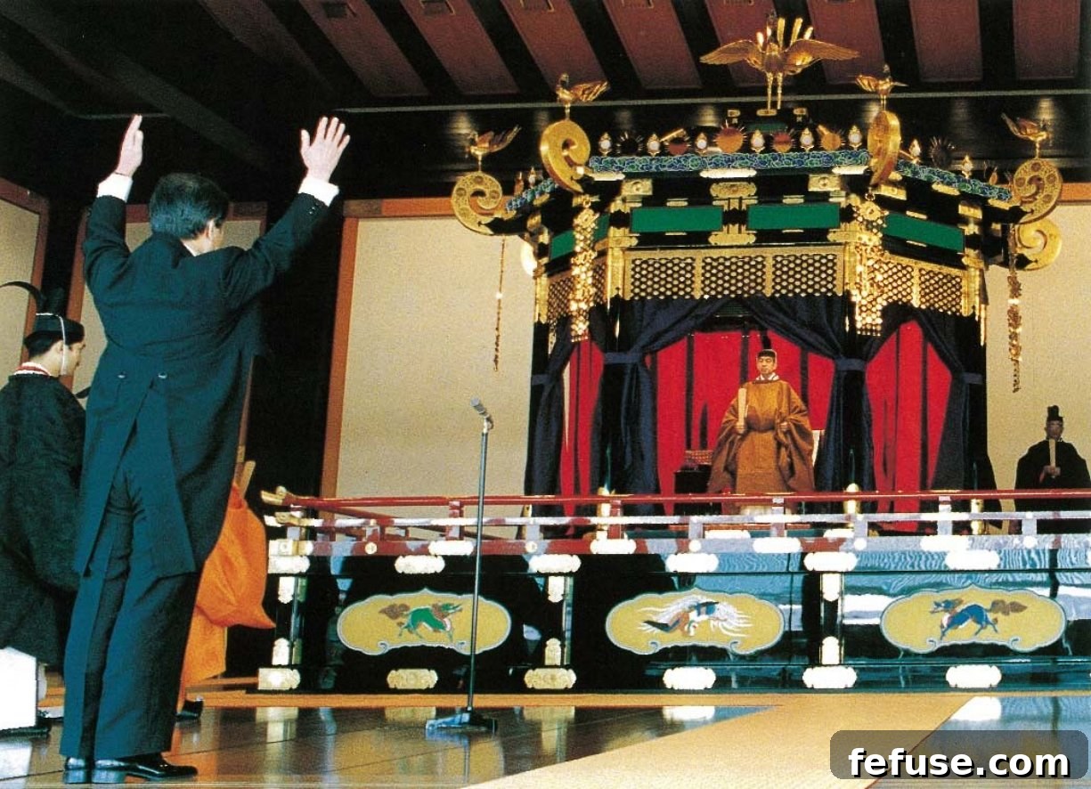Emperor Akihito of Japan is enthroned at the Imperial Palace in Tokyo on November 12, 1990 (Wikimedia Commons)