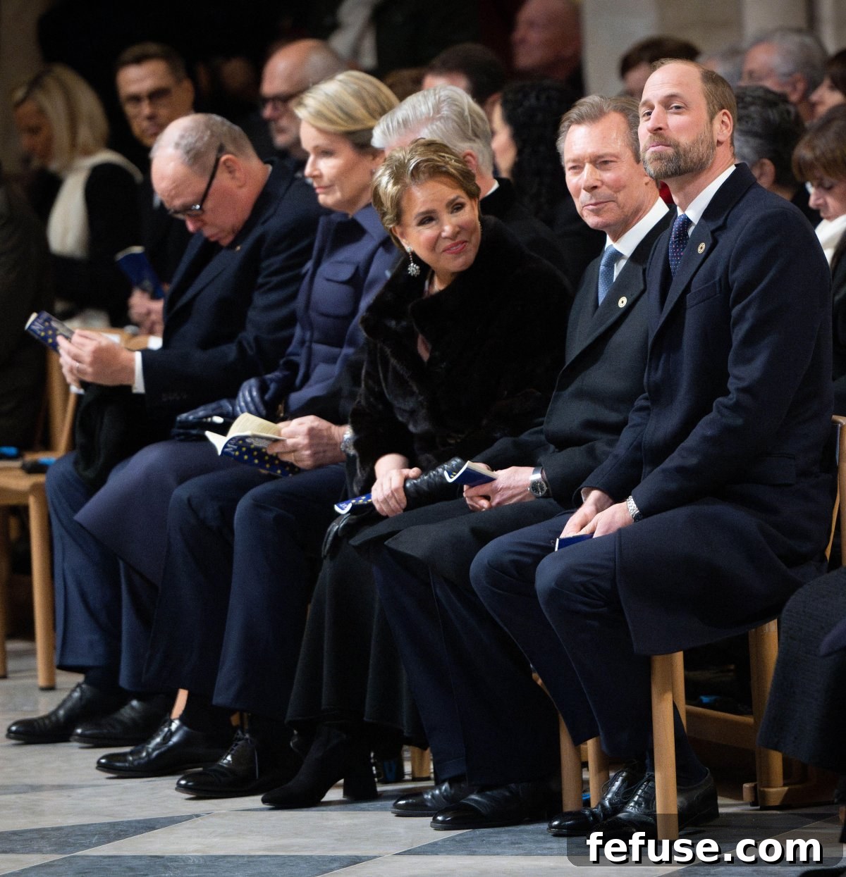 The Prince of Monaco, the King and Queen of the Belgians, the Grand Duke and Grand Duchess of Luxembourg, and the Prince of Wales attend the reopening ceremony of the restored Cathedral of Notre Dame in Paris on December 7, 2024 (Eric Tschaen/Abaca Press/Alamy)
