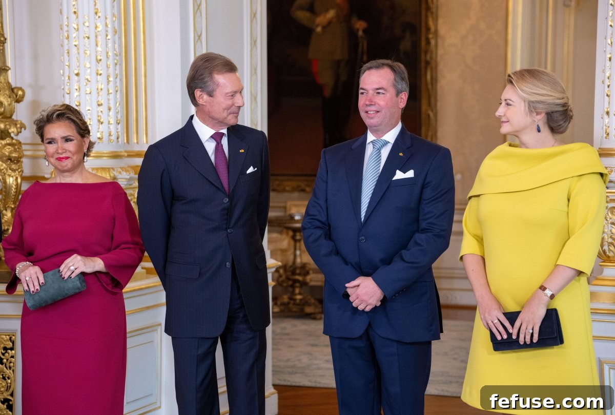 The Grand Duke and Grand Duchess of Luxembourg, with the Hereditary Grand Duke and Hereditary Grand Duchess, pose following Guillaume's appointment as Lieutenant-Représentant on October 8, 2024 (Harald Tittel/DPA Picture Alliance/Alamy)
