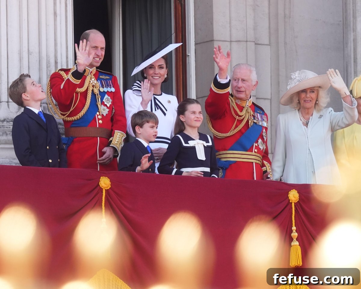 The British royal family waves from the balcony of Buckingham Palace during the Trooping the Colour celebrations in London on June 15, 2024 (James Manning/PA Images/Alamy)