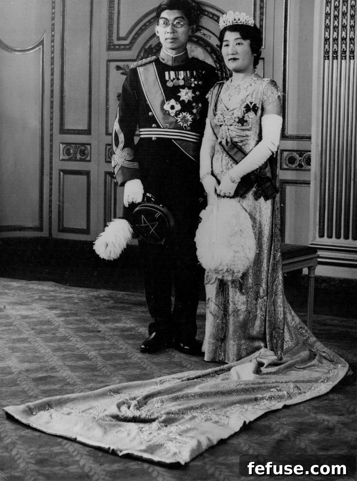 Prince and Princess Chichibu pose their London hotel on May 10, 1937, in the attire they will wear for the coronation of King George VI and Queen Elizabeth of the United Kingdom at Westminster Abbey in London (SuperStock/Alamy)