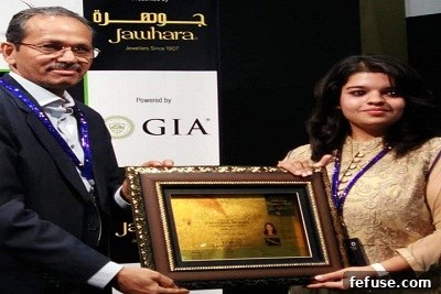 Nikita Soni, a talented student from The IIS (Deemed to be University), showcasing her award-winning heritage jewellery design 'Falaknuma Taj' at a global competition in Dubai.