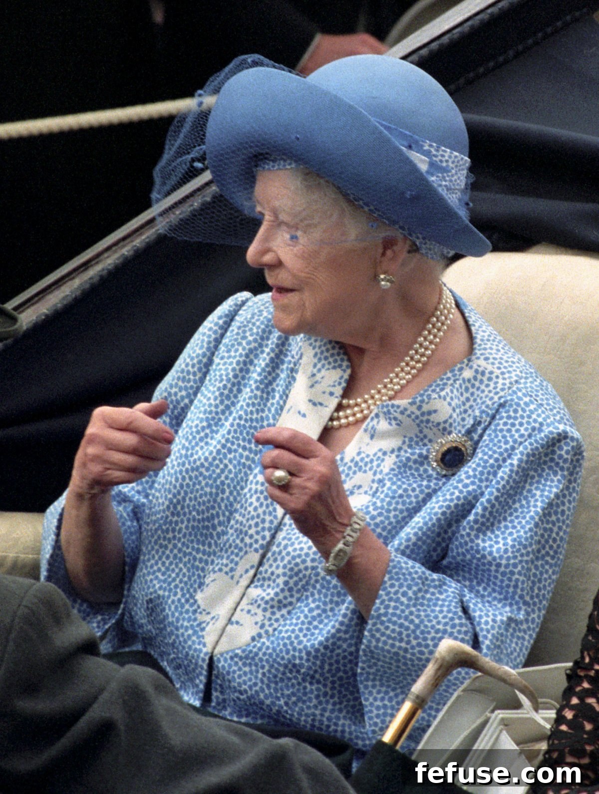 The Queen Mother arrives for the races at Royal Ascot on June 21, 1996 (John Stillwell/PA Images/Alamy)