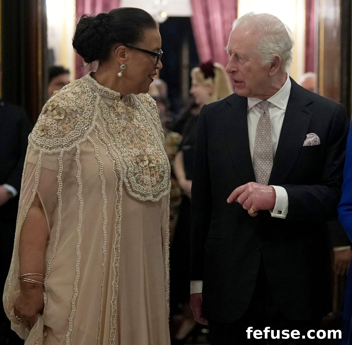 King Charles III and Queen Camilla attend a Commonwealth Day reception hosted by Baroness Scotland at Marlborough House in London on March 10, 2025 (Alistair Grant/PA Images/Alamy)
