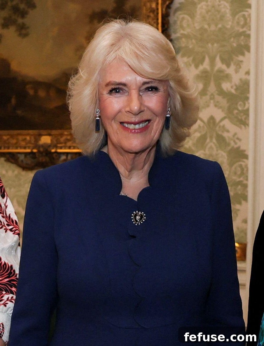 Queen Camilla hosts a reception at Buckingham Palace to celebrate the work of the National Theatre on stage, screen and in schools on February 18, 2025 (Isabel Infantes/PA Images/Alamy)