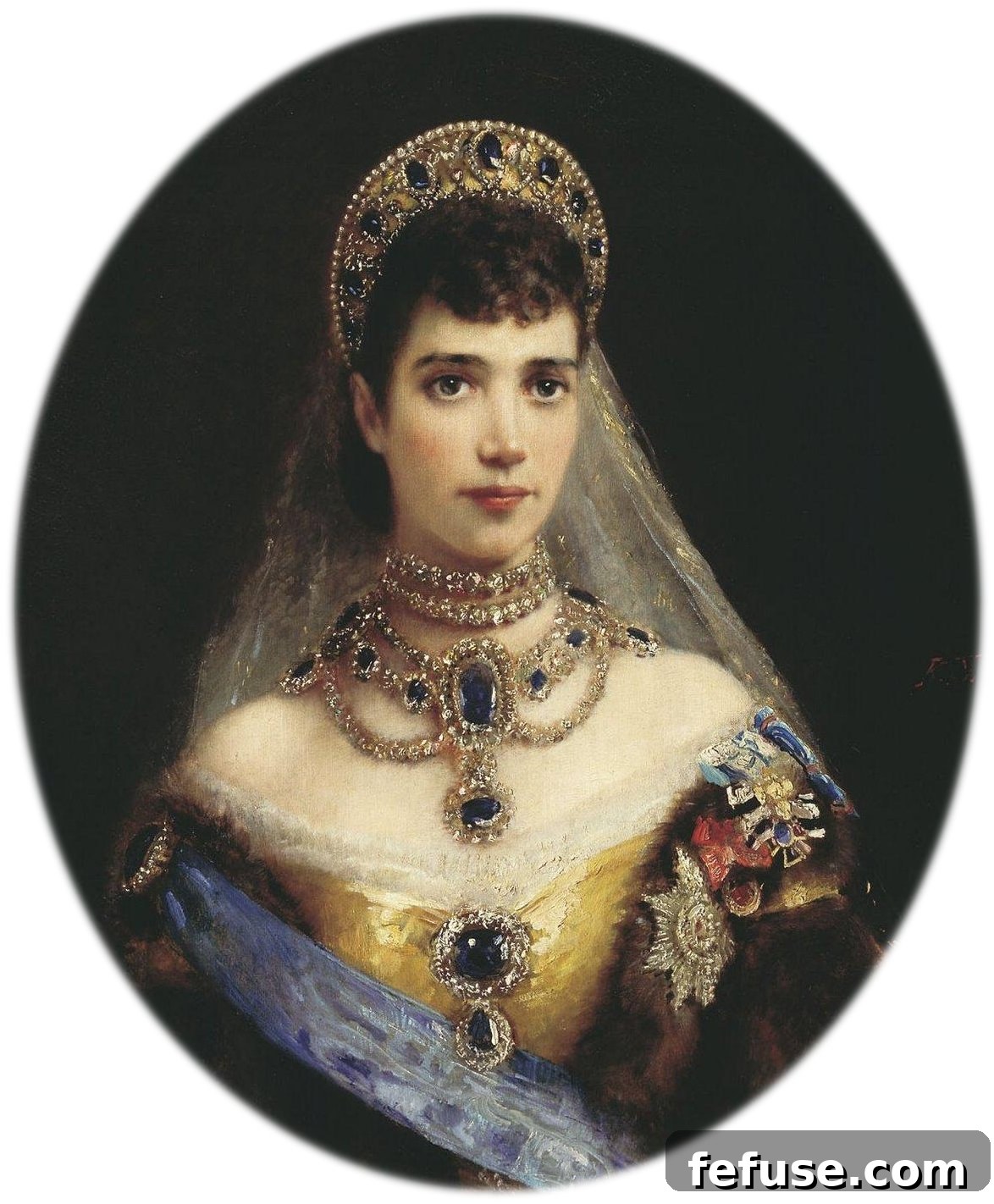 Empress Marie Feodorovna of Russia wears her sapphires in a portrait by Konstantin Makovsky (Wikimedia Commons)