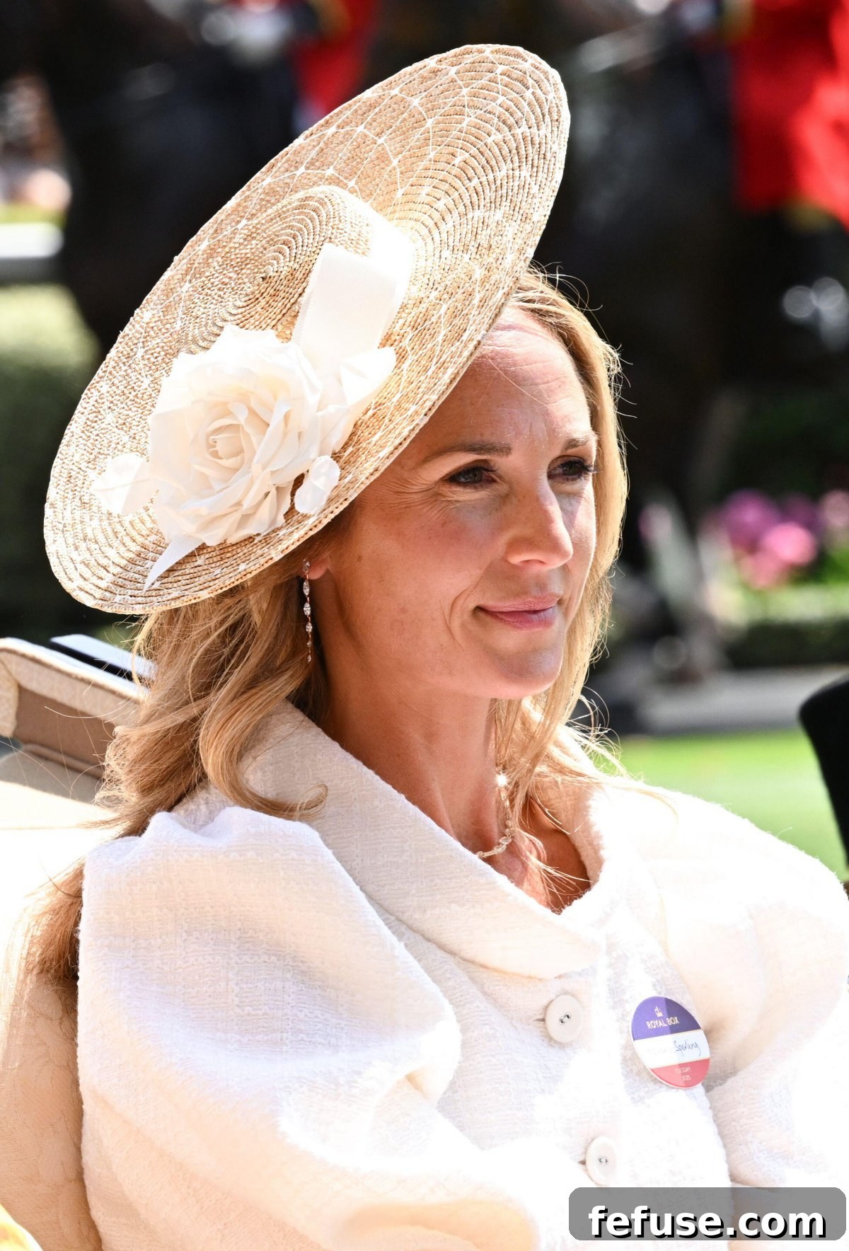 Harriet Sperling, partner of Peter Phillips, wearing marquise-cut diamond earrings and necklace at Royal Ascot