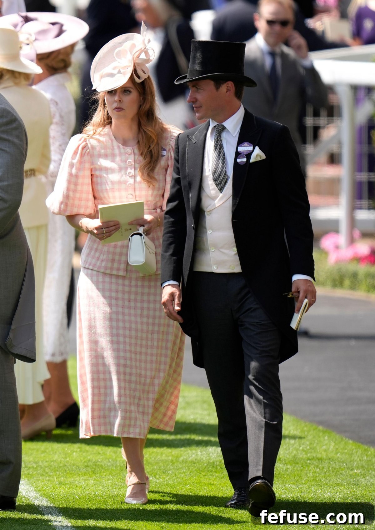 Princess Beatrice and Edoardo Mapelli Mozzi at Royal Ascot, with Princess Beatrice in a pink gingham dress and gold jewelry