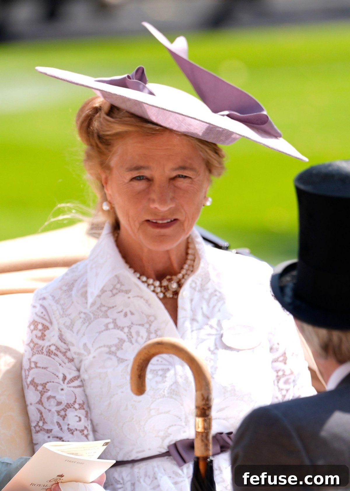 The Duchess of Wellington, Princess Antonia of Prussia, wearing a classic three-row pearl necklace with a gem-set clasp at Royal Ascot