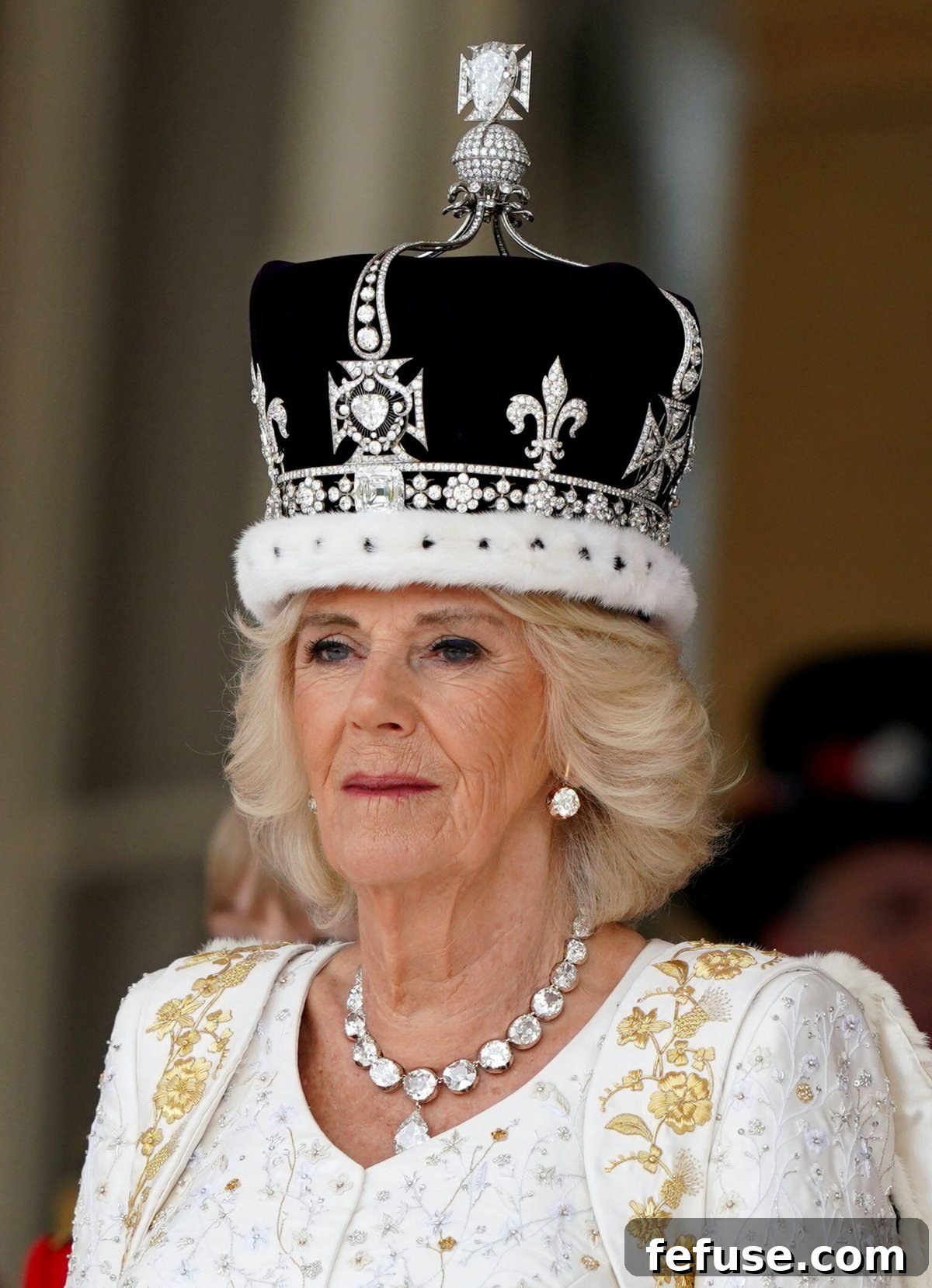 Queen Camilla wearing the Cullinan V Brooch on her Coronation Crown following the Coronation at Westminster Abbey on May 6, 2023