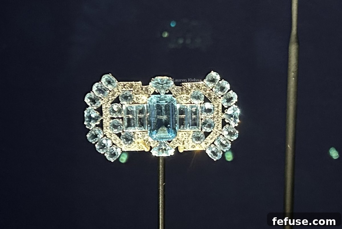 The Queen Mother's Aquamarine Art Deco Brooch, displayed as part of the Cartier exhibition at the Victoria & Albert Museum in London, April 2025 (Photo © Lauren Kiehna)