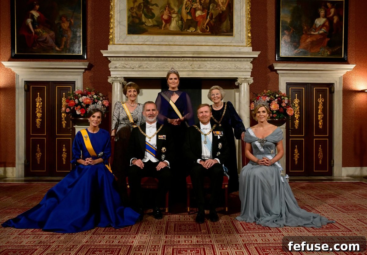Queen Letizia Majestic Pearl Diamond Banquet Tiara 3 The Dutch royal family hosts the King and Queen of Spain for a state banquet at the Royal Palace in Amsterdam on April 17, 2024 (Albert Nieboer/DPA Picture Alliance/Alamy)