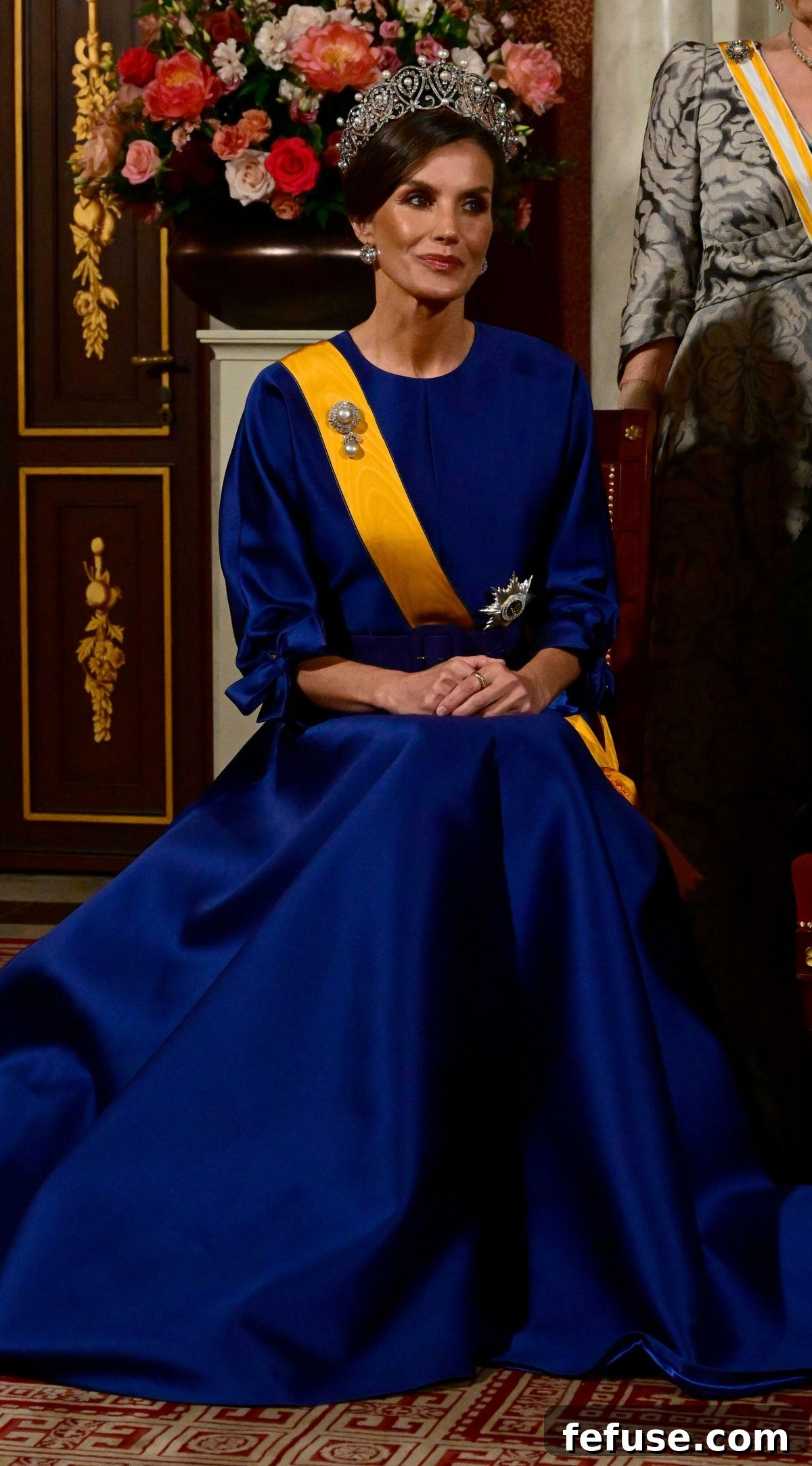 Queen Letizia Majestic Pearl Diamond Banquet Tiara 4 The Queen of Spain is pictured ahead of a state banquet at the Royal Palace in Amsterdam on April 17, 2024 (Albert Nieboer/DPA Picture Alliance/Alamy)