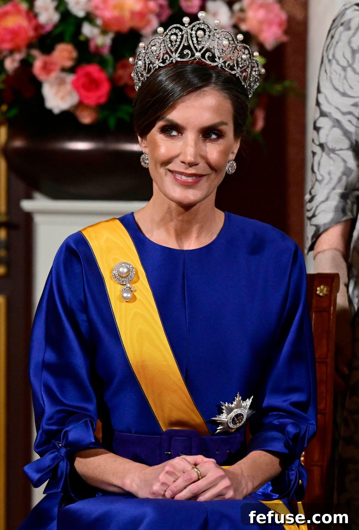 Queen Letizia Majestic Pearl Diamond Banquet Tiara 6 The Queen of Spain is pictured ahead of a state banquet at the Royal Palace in Amsterdam on April 17, 2024 (Albert Nieboer/DPA Picture Alliance/Alamy)
