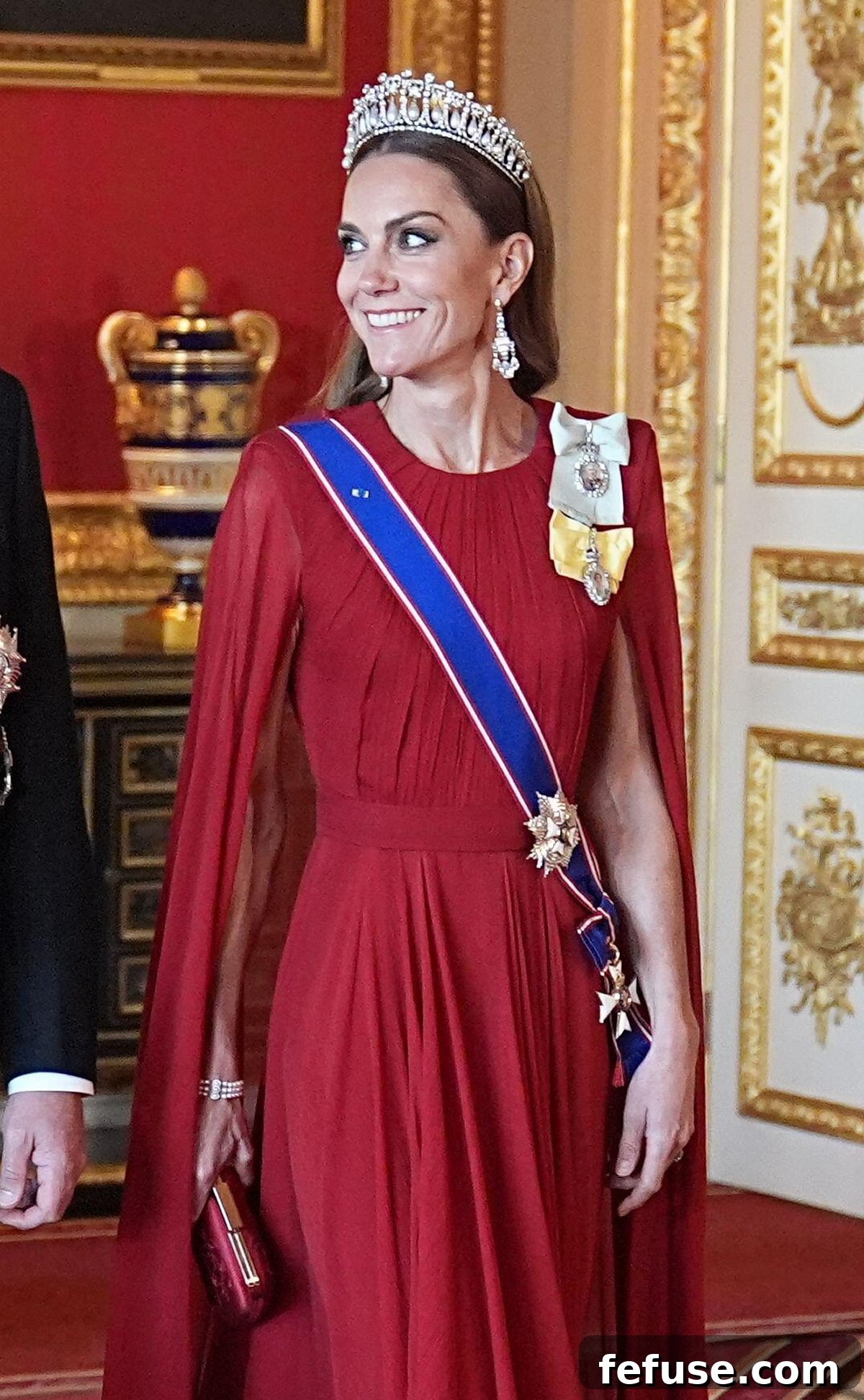 Princess of Wales Illuminates in Queen's Diamond Chandeliers 8 The Princess of Wales attends a state banquet in honor of the President of France at Windsor Castle on July 8, 2025 (Aaron Chown/PA Images/Alamy)