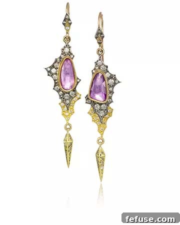 Annie Fensterstock Double Scallop Thorn Earrings - Pink Sapphires Diamonds Yellow Gold for BCRF