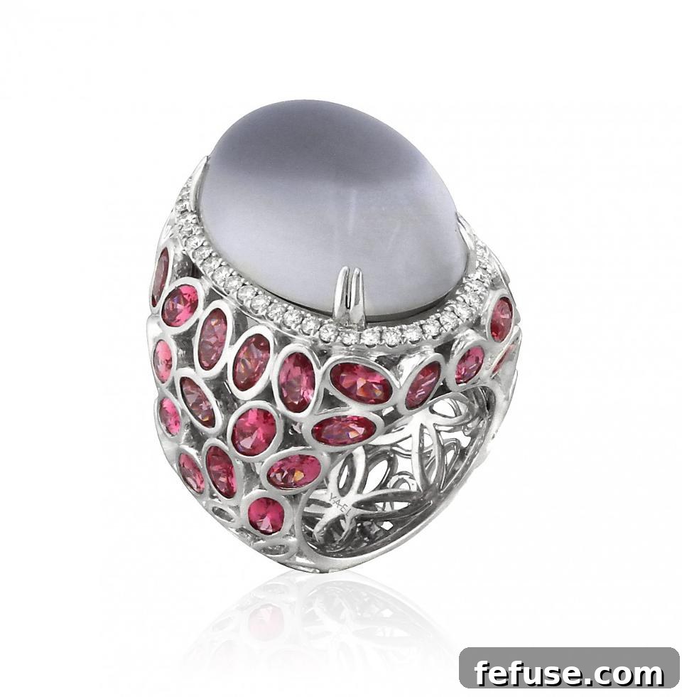 Yael Designs Moonstone Ring with bright pink spinels