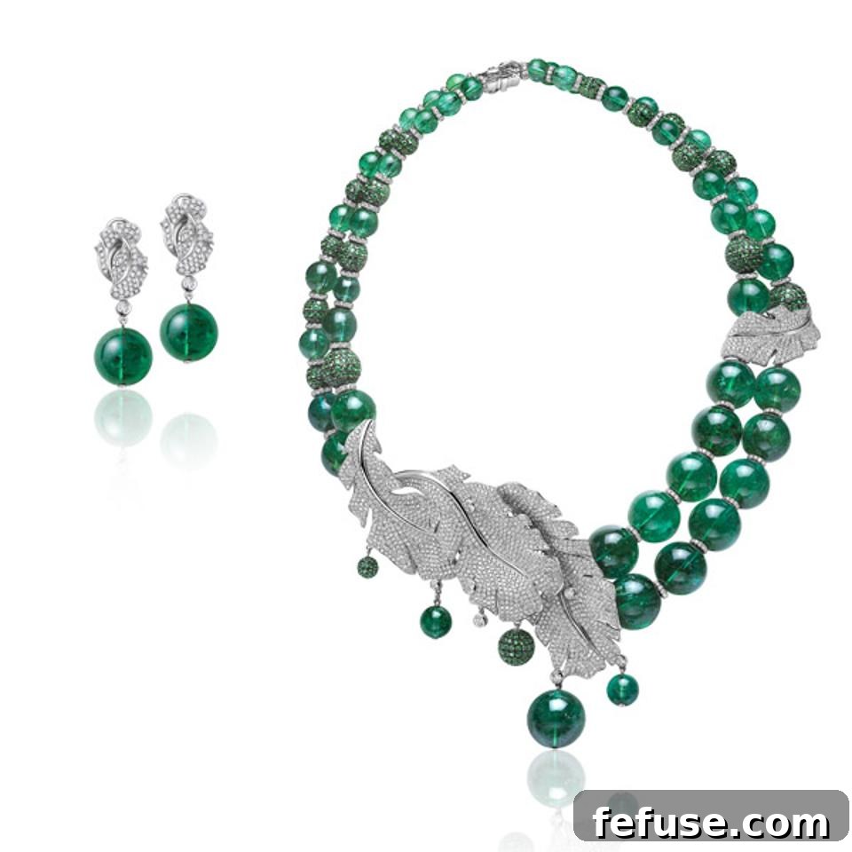 Fei Liu green tourmaline and diamond necklace set with feather centerpiece